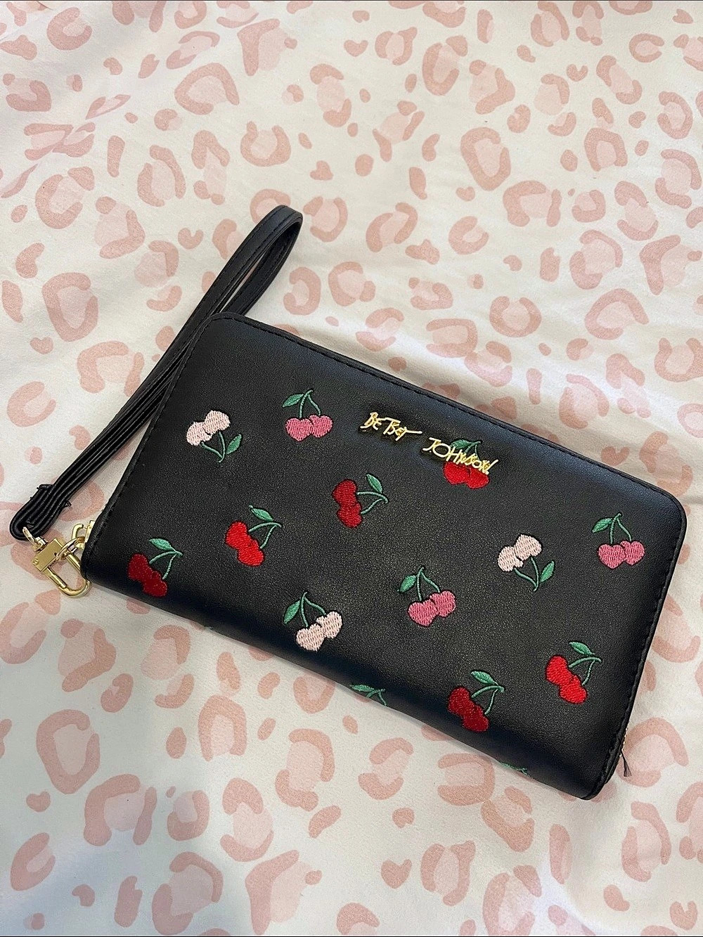 Betsey Johnson Cherry Embroidered Zip Around Wallet Wristlet in Black & Pink